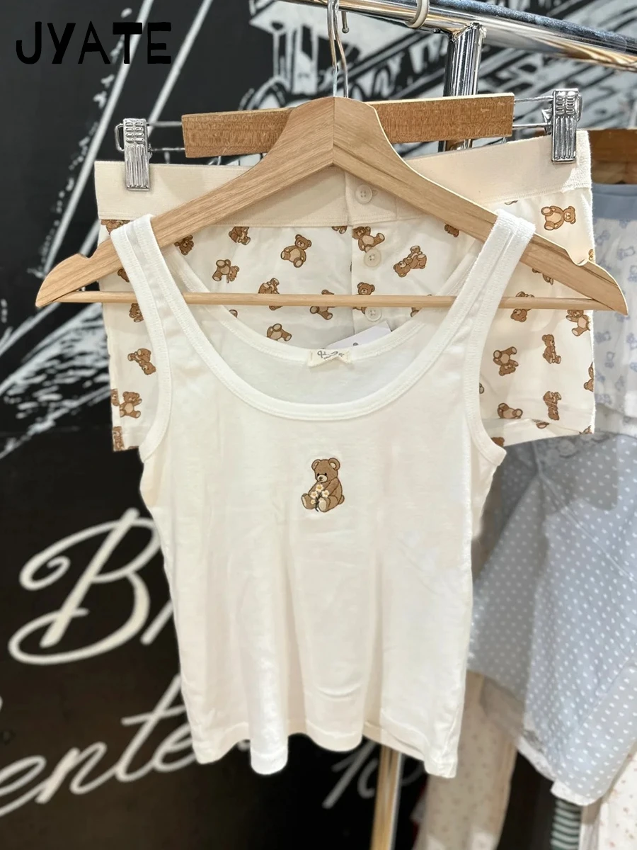 Little Bear Embroidery U-neck Tank Tops Women Summer Cotton Streetwear White Casual Cropped Vest Sweet Cute Vintage Camisole Y2K