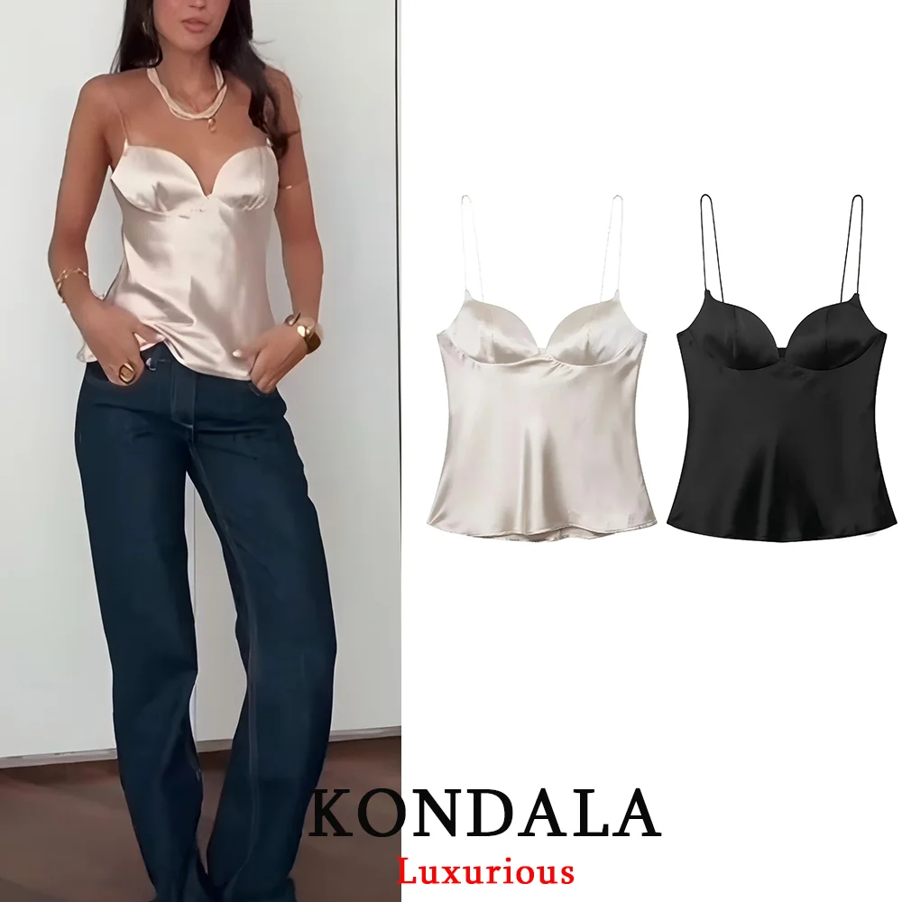 

KONDALA Sexy Chic Satin Short Tops Women V Neck Corset Slim Blouses Fashion 2025 Evening Club Y2K Girl Tops Party Wear Tops