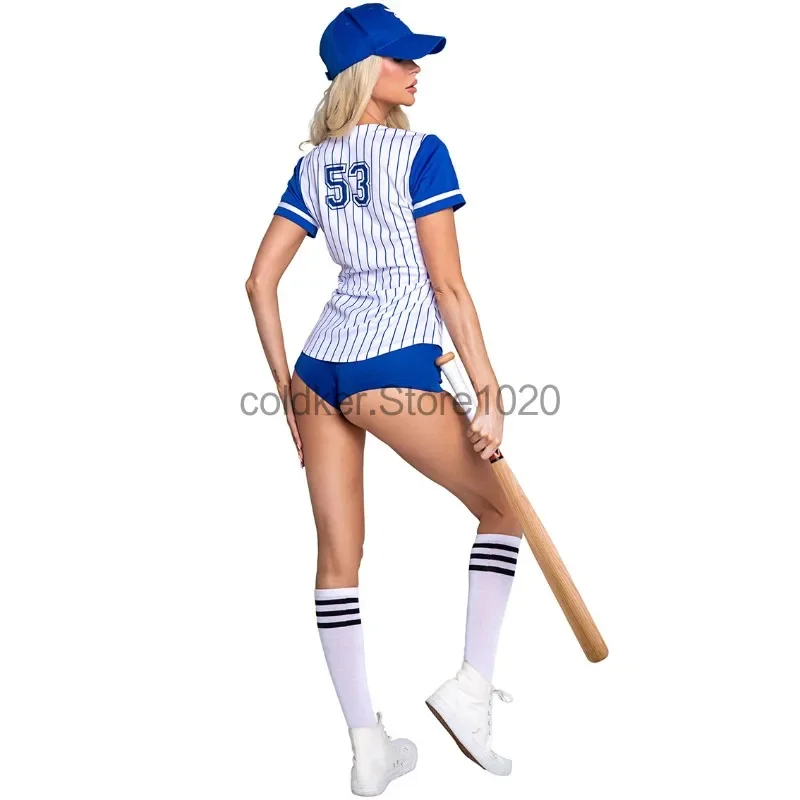 New Adult Striped Sports Baseball Costume Set for Men Women Halloween Blue Striped Cheerleader Cosplay Uniform Suit Cheerleading view 3