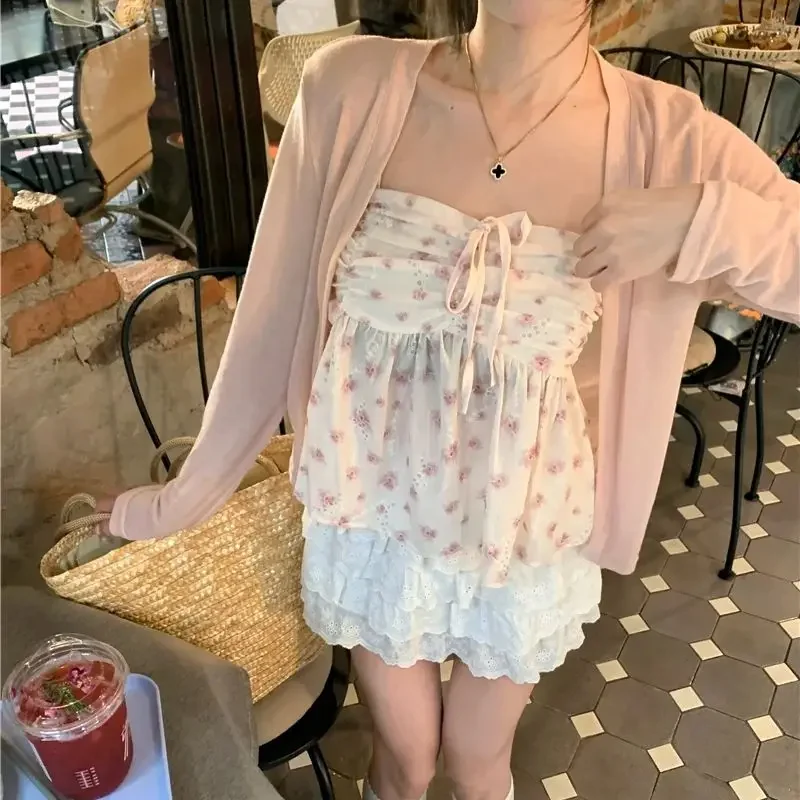 여성용 핑크 레이스 플로럴 베스트 2024 여름 탑 플리츠 루즈핏 3D 슬리브 미디 길이 중국 생산