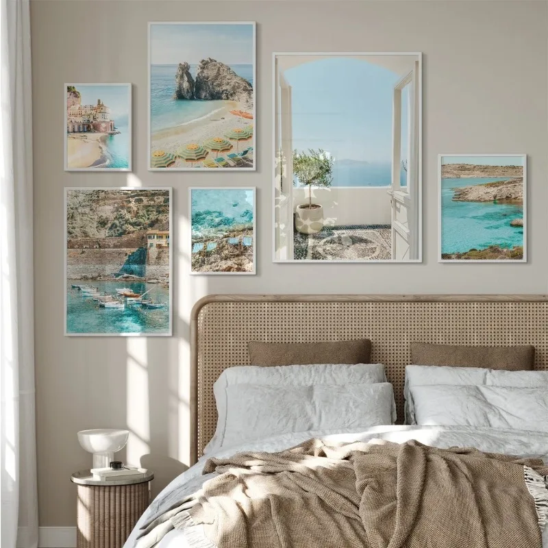 Póster de paisaje de fotografía de Costa Amalfi, pintura en lienzo de Positano de playa italiana mediterránea, arte de pared, decoración del hogar para sala de estar