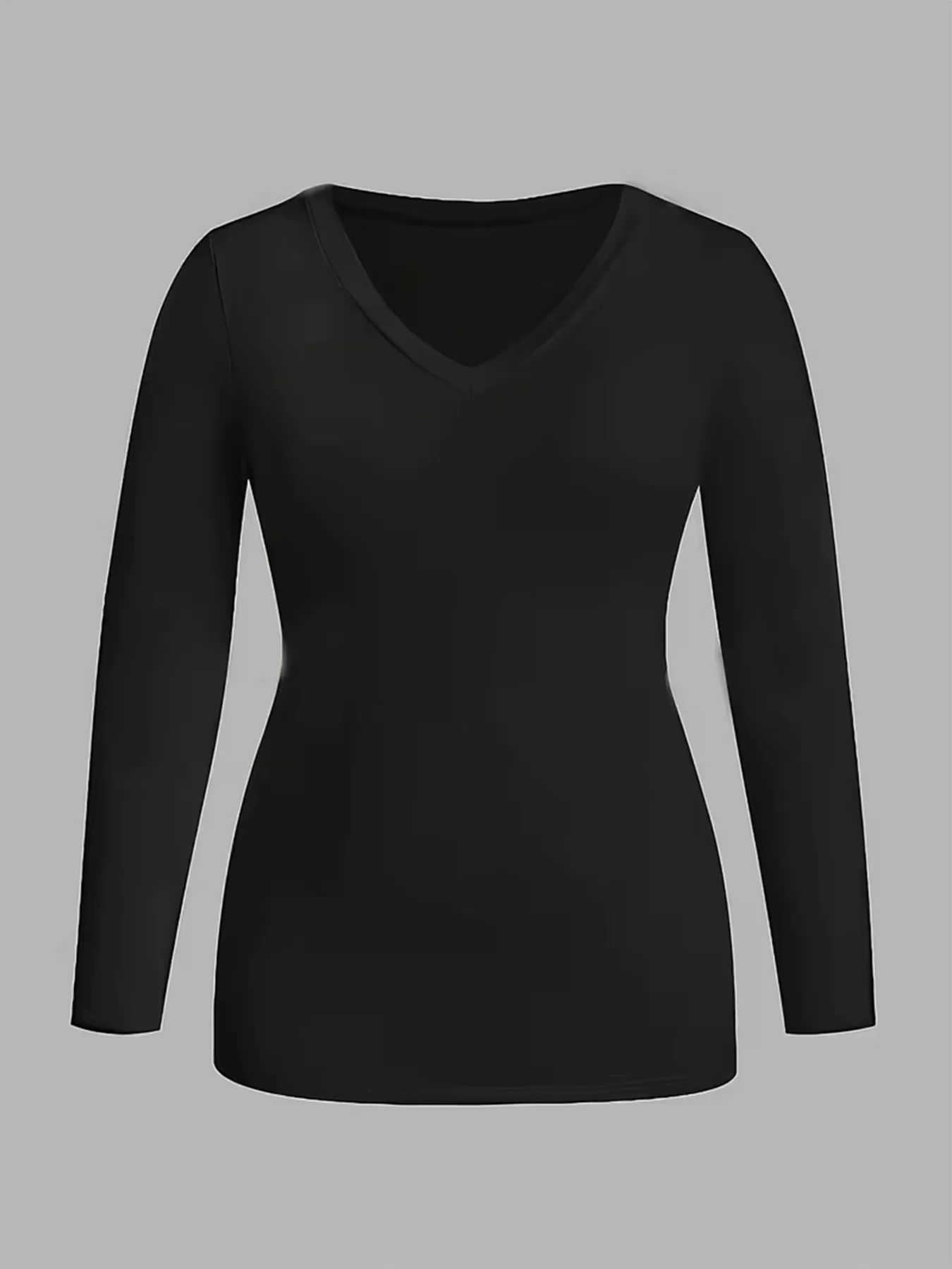 

Plus Size Women Solid Black V Neck Long Sleeve T Shirt Soft Stretch Fitted Basic Tee Curvy Ladies Casual Daily Layering Base