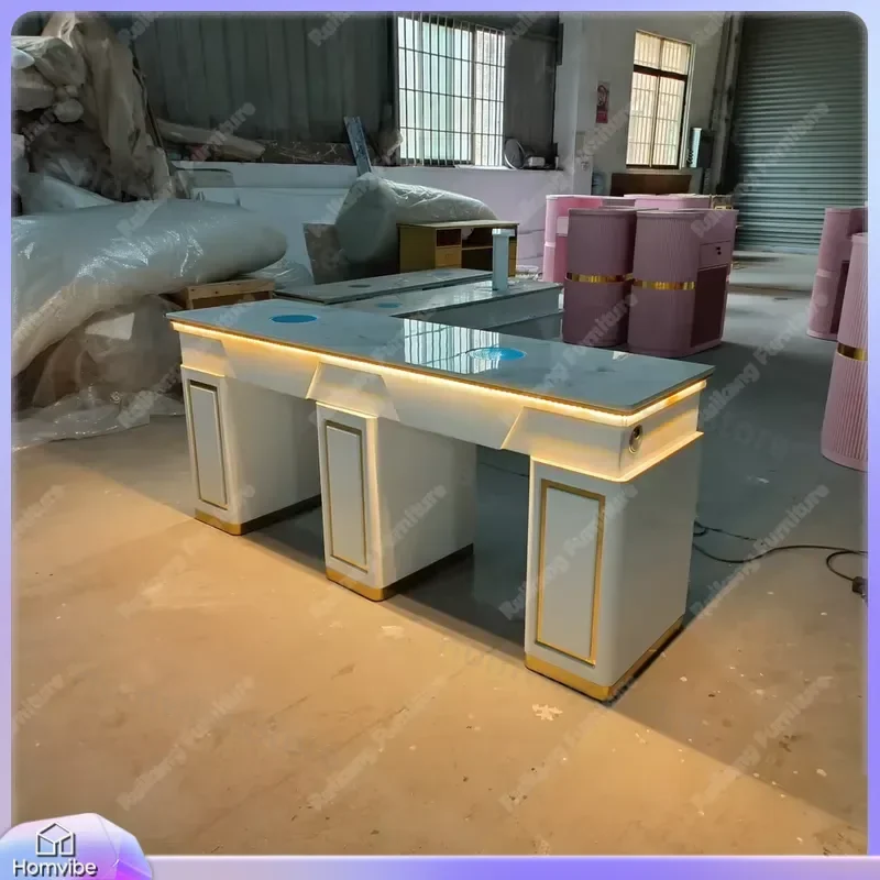 Modern Marble Nail Table with Ambient LED Light Salon Manicure Table Professional Nail Art Desk Double Side Pedicure Table