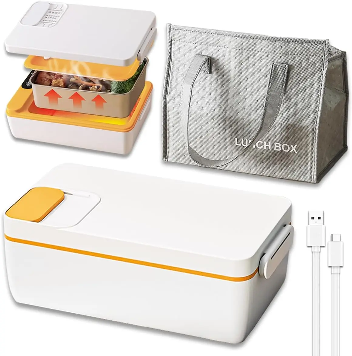 

Cordless Electric Lunch Box 1L, Portable Food Warmer for Car/Office/Home Use, Rechargeable Heated Container with Insulated Bag