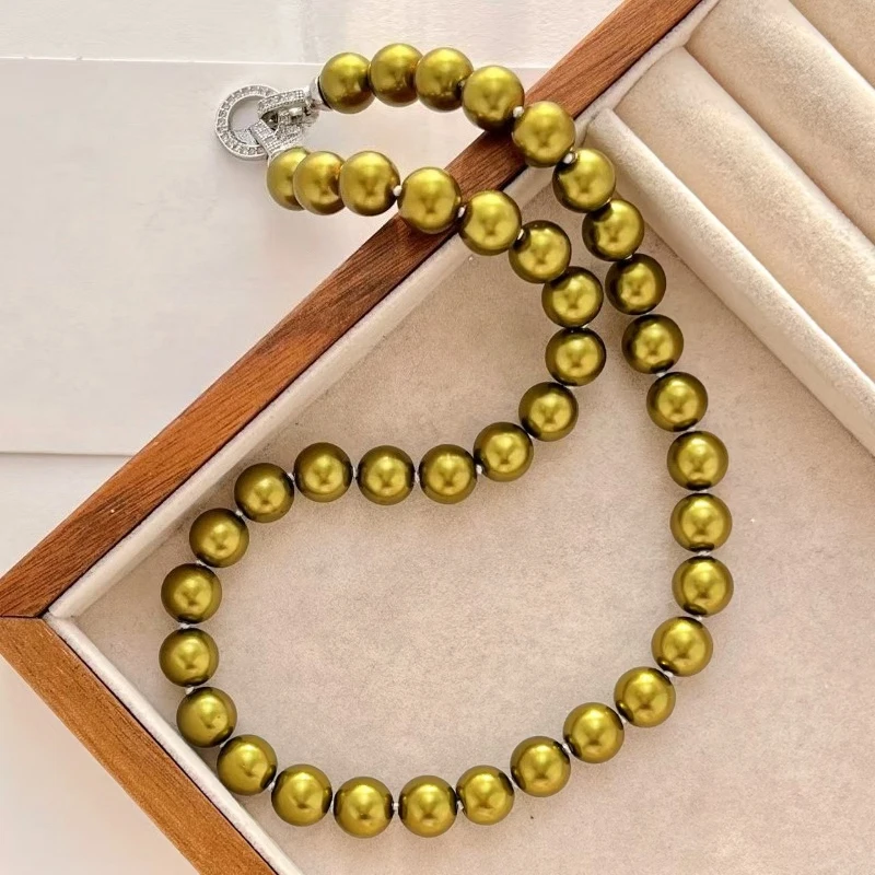 

New Chinese Style 9-10mm Genuine Metal Green Pearl Necklace Collarbone Chain