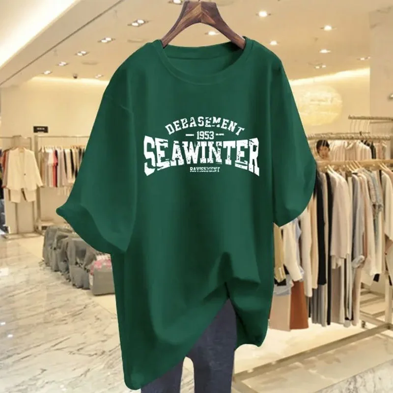 Women Clothing Cotton O-neck Short Sleeve Basic T-shirt Summer Fashion Casual Letter Printing Top Tee Chic Oversized Pullover