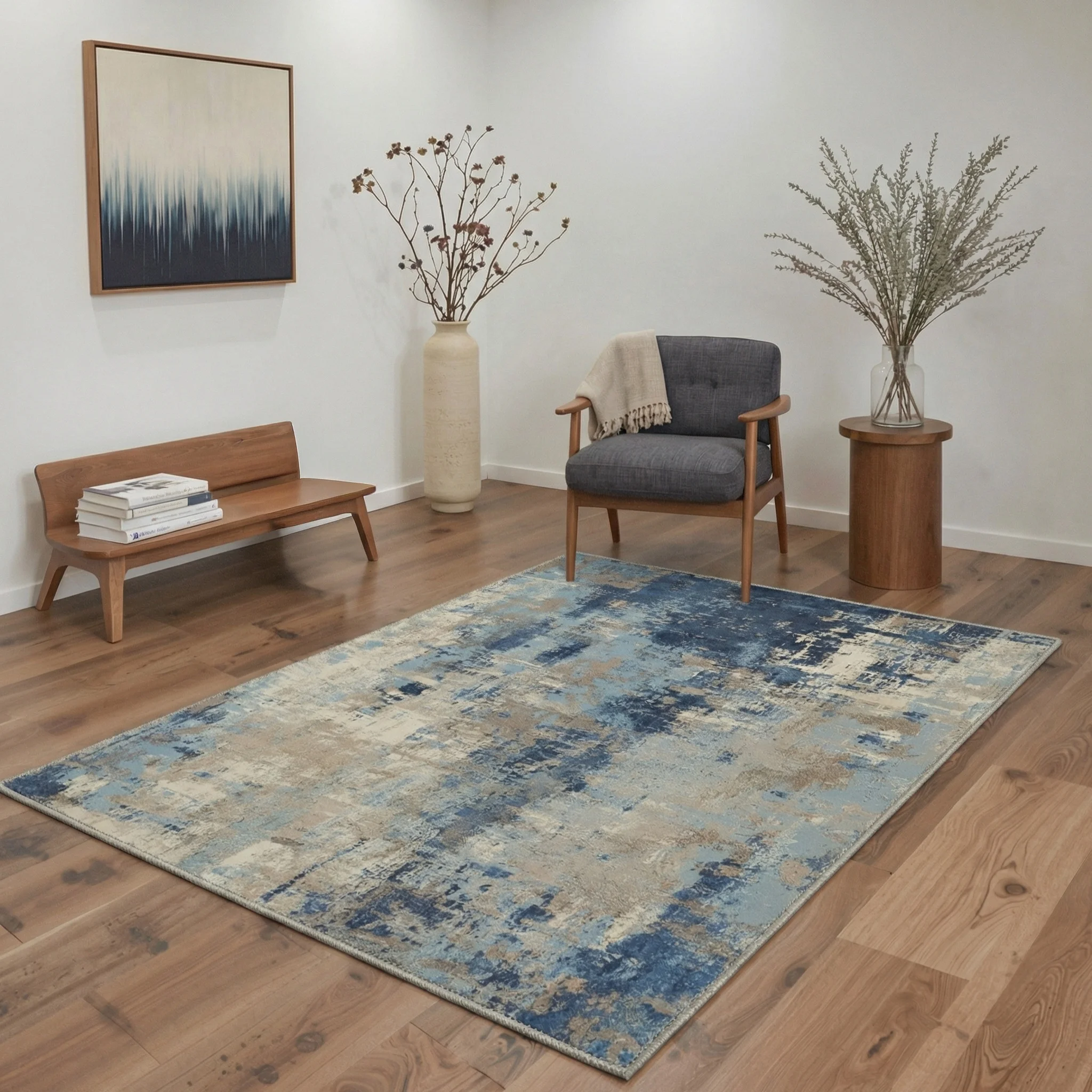 Abstract Blue Grey Beige Distressed Area Rug Modern Watercolor Patchwork Living Room Bedroom Floor Mat