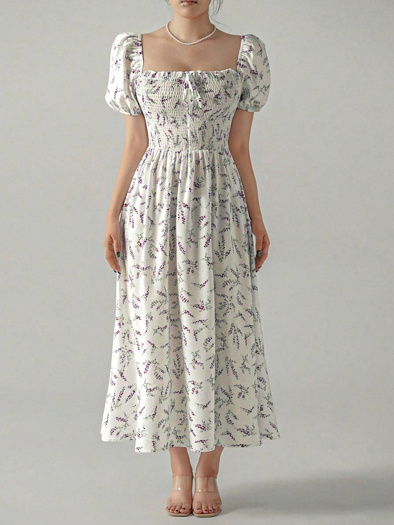 Vestido de verano con estampado Floral para niña, cuello redondo, manga abombada, falda con cuello cuadrado, corte en A, cintura alta, cuello oblicuo, Tops para mujer