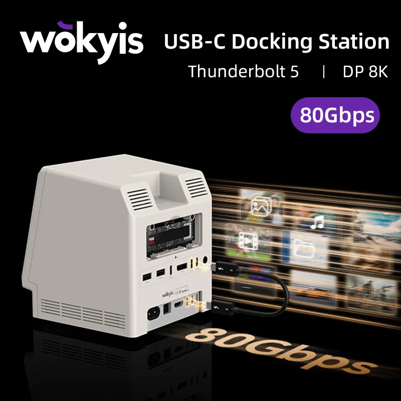 Wokyis 80Gbps Docking Station Type C to 8K DPTriple Display Compatible with Thunderbolt 5 80GbpsM.2 SSD SD4.0 15 in 1 USB C HUB