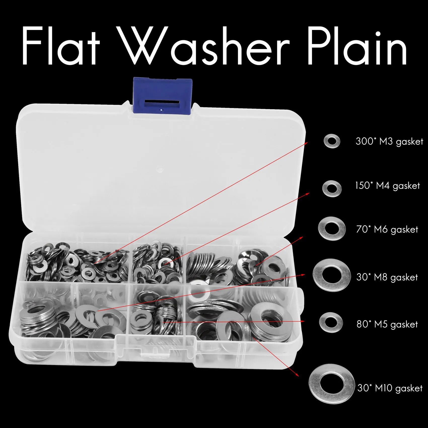

ABHB-660 Pcs/Set M3 M4 M5 M6 M8 M10 Washer Spacers Stainless Steel Flat Washer Plain Gasket Spacers Kit Screw Bolt Fastener