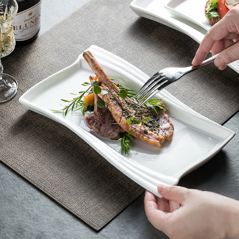 Creative Ceramic White Rectangular Western Food Plate Hotel Restaurant Special Cake Dessert Tableware Household Sushi Set Plate