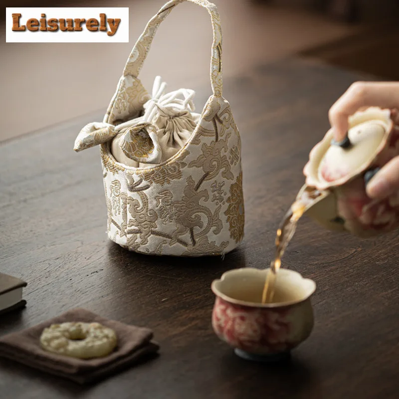 Chinese Brocade Drawstring Tea Cozies Japanese Tea Cozy for Teapot Portable Bag Travel Tea Set Bag Chinese Tea Set Accessories view 5
