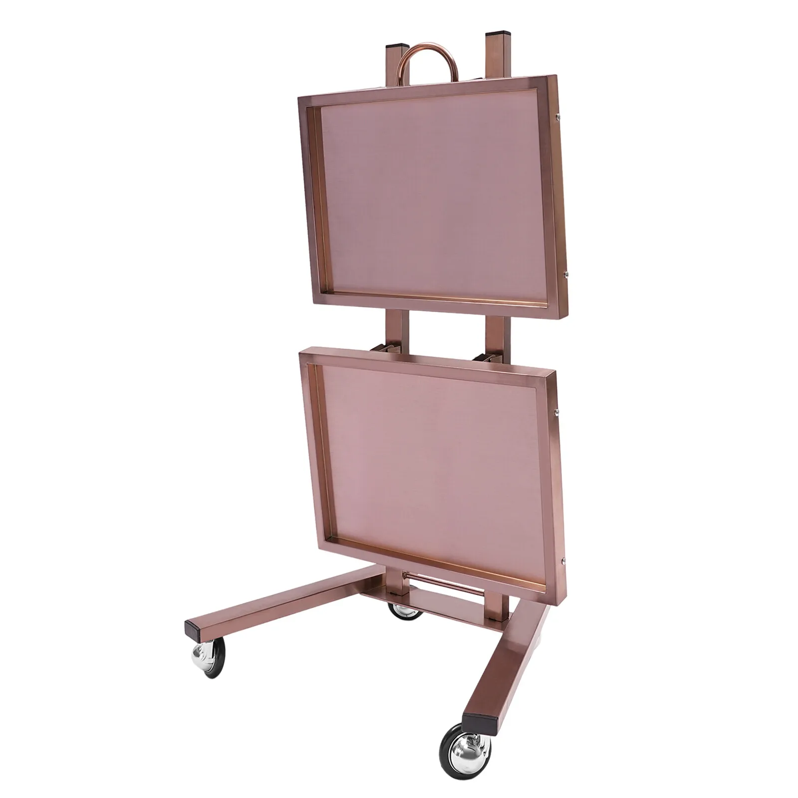 عربة تصفيف الشعر الأنيقة ذات طبقتين، عربة صالون باللون الذهبي الوردي، عربة دوارة من الفولاذ المقاوم للصدأ مع صواني و4 عجلات