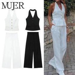 MUJER Women Pants Sets Off Shoulder Sleeveless Vest Top Woman Wide Leg Pants Women 2 Piece Set Outfit Elegant Women's Pants Suit