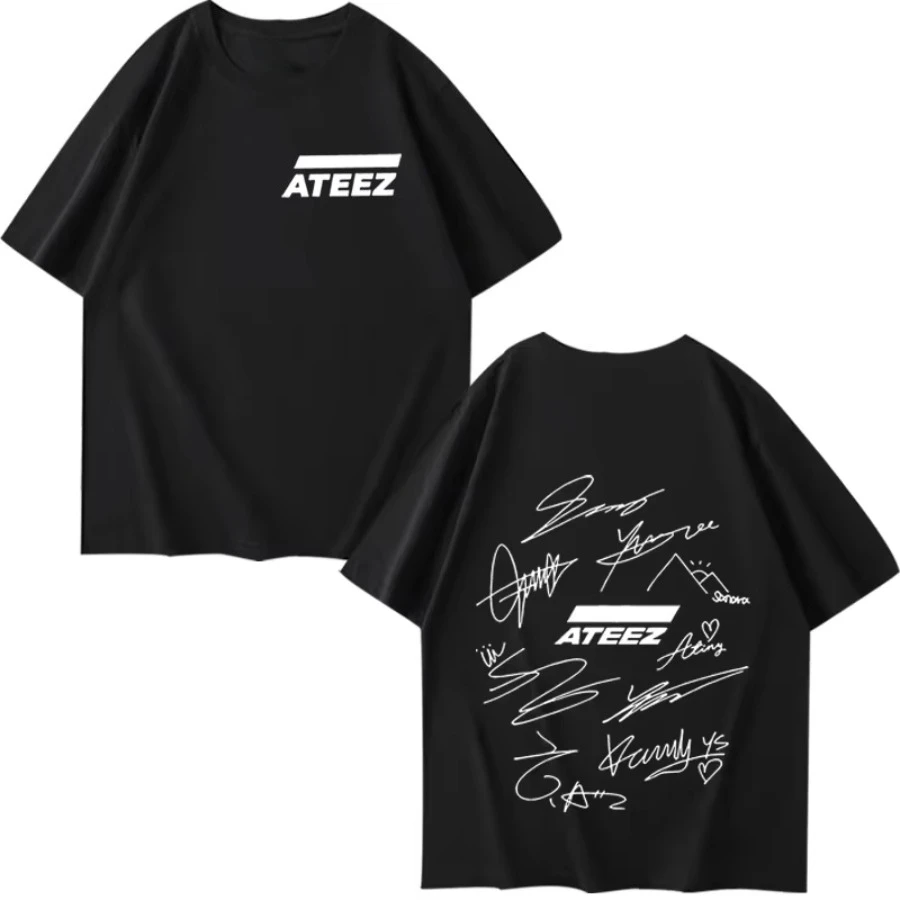 ATEEZ World Tour with Band Member Signatures & Geometric Back Print T Shirt Men Women Summer Unisex Tops