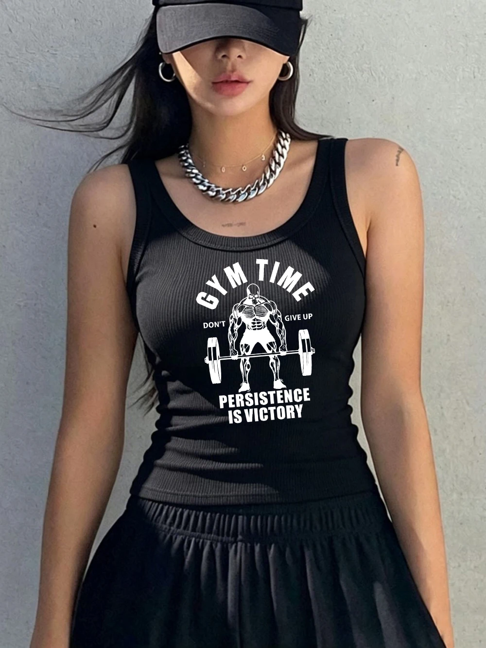 Débardeurs imprimés « Gym Time Persistence Is Victory » pour femmes, style Y2K, en tricot côtelé, sans manches, doux, ajustés, en coton, pour l'été, col rond