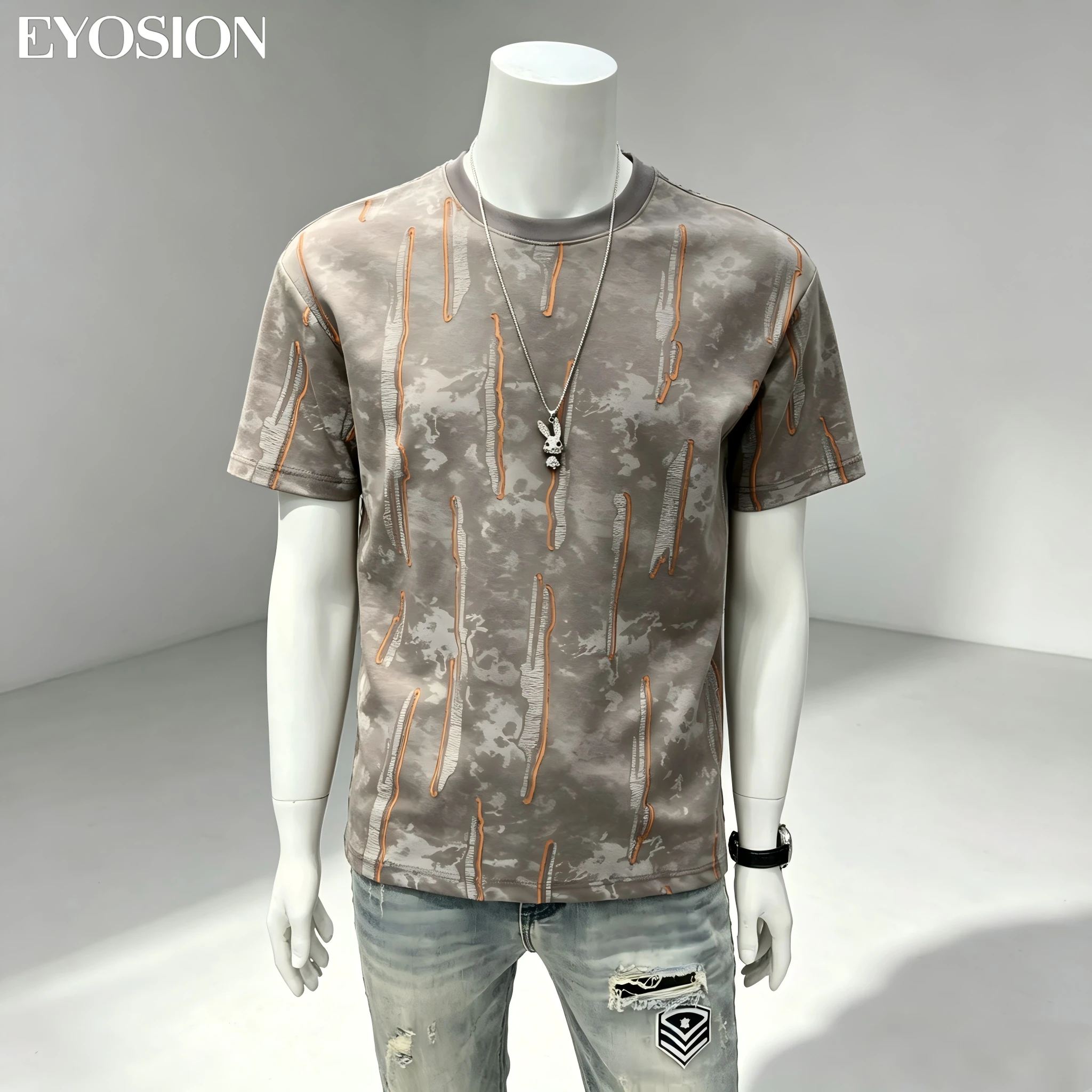 2026 Summer Men's Ice Silk Short Sleeve T-Shirt Ripped Dyeing Print Design High Quality Cotton Street Casual Slim Fit Top Tees