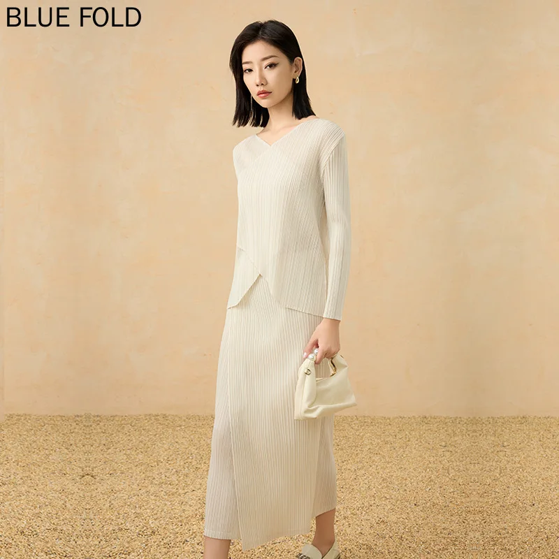 Miyake Elegant Suit Autumn French V-neck Splicing Solid Color Long-sleeved Top National Style Lace-up Flowing Long Skirt Wom