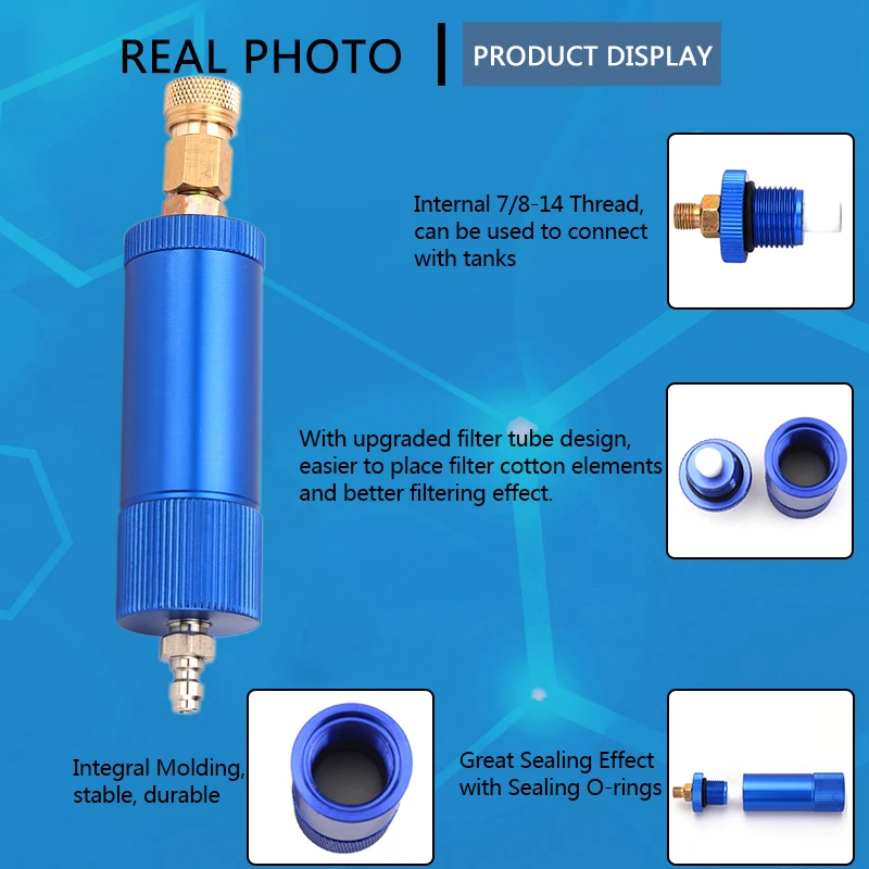 Filtro de bomba manual con rosca M10x1, desconexión rápida, compresor de aire PCP, separador de agua y aceite azul, elemento filtrante de algodón