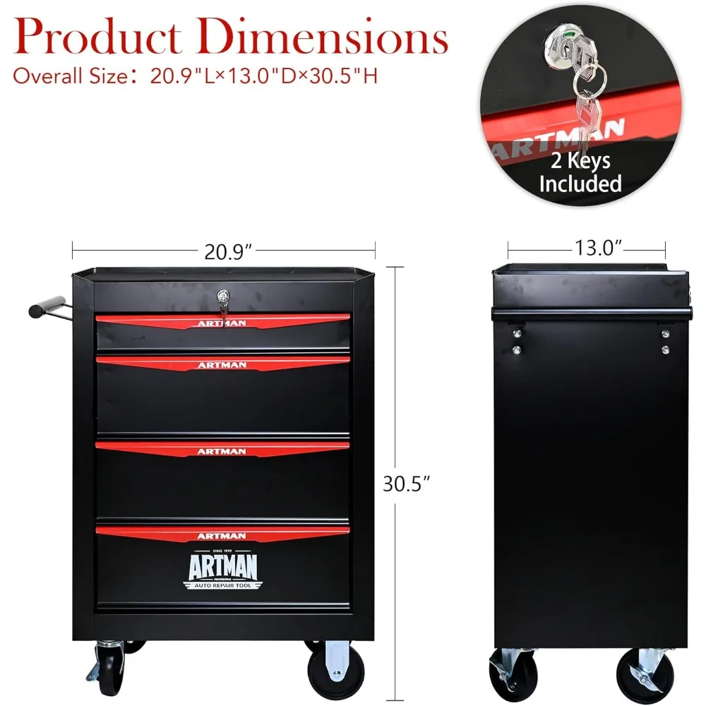 4 Drawers Tool Cart on Wheels, Multifunctional Rolling Tool Storage Chest, Drawers Rolling Trolley Organizer Tool Box for Wareho