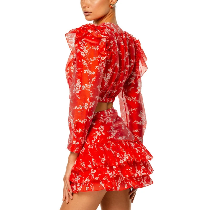 2026 Casual Long Sleeve Slim 2 Pice Suits Fashion O-Neck Crop Top & Mini Skirt Set Women Elegant Printed Chiffon Party Outfits