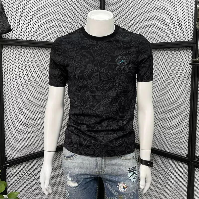 Short-sleeved T-shirt men's printed trendy brand slim-fitting embroidered summer versatile top