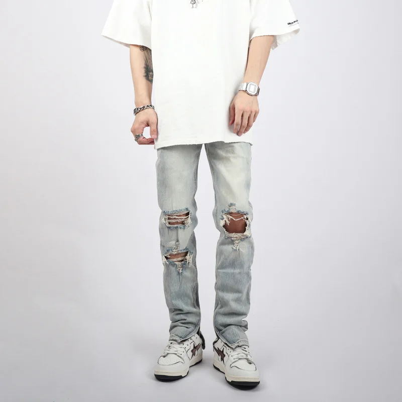 Streetwear Mannen Jeans Gewassen Lichtblauw Micro-Elastische Slanke Gaten Vrouwen Zomer Dunne Potlood Broek Volledige Lengte Denim Broek