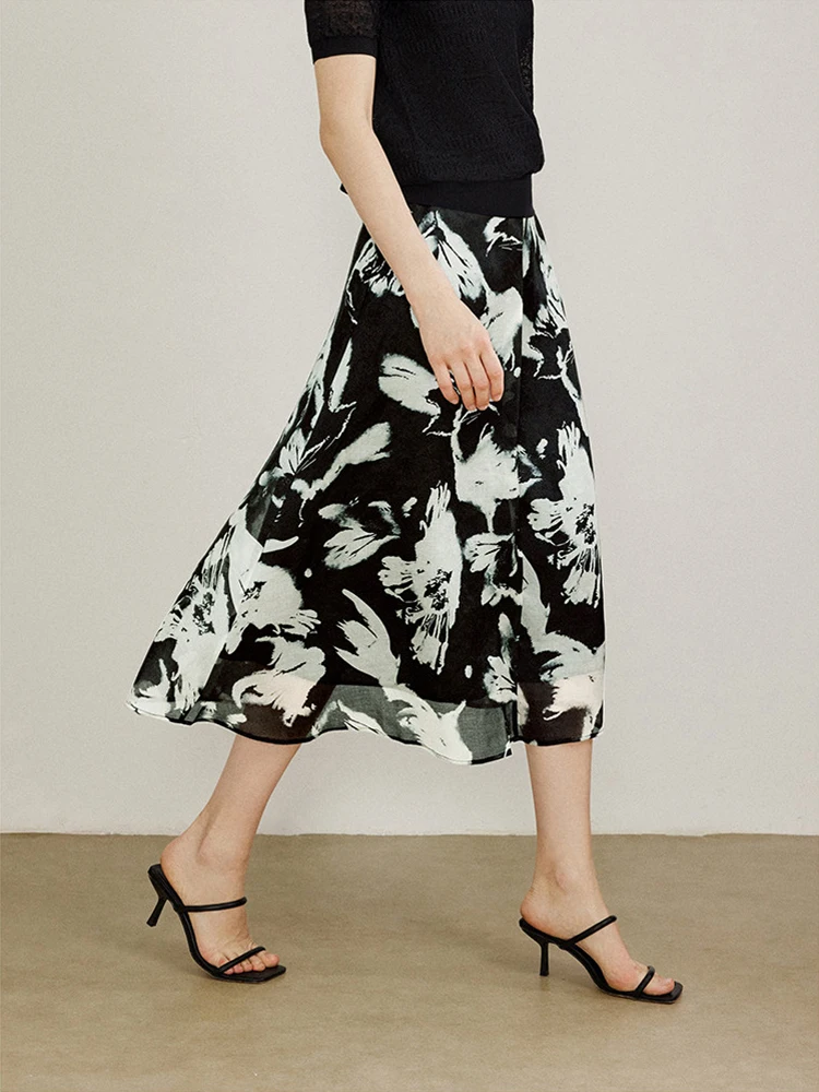 

Silk Ogees A-Line f Skirt Artistic Fading Built-In acious Texture High Waist Simple Commute Sle Printed Skirt for Women
