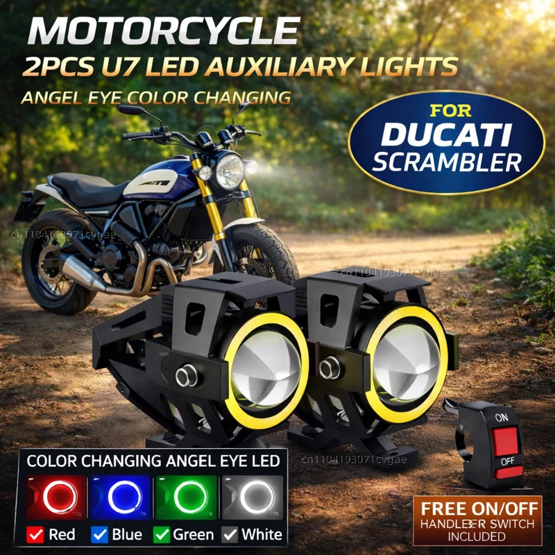 Waterproof Motorcycle LED Headlight 3000LMW U7 Motorbike LED Driving Fog Spot Light with Switch For Ducati Scrambler 400 800