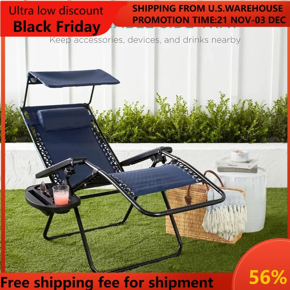 

Folding Zero Gravity Outdoor Recliner Patio Lounge Chair w/Adjustable Canopy Shade, Headrest, Side Accessory Tray, Textilene