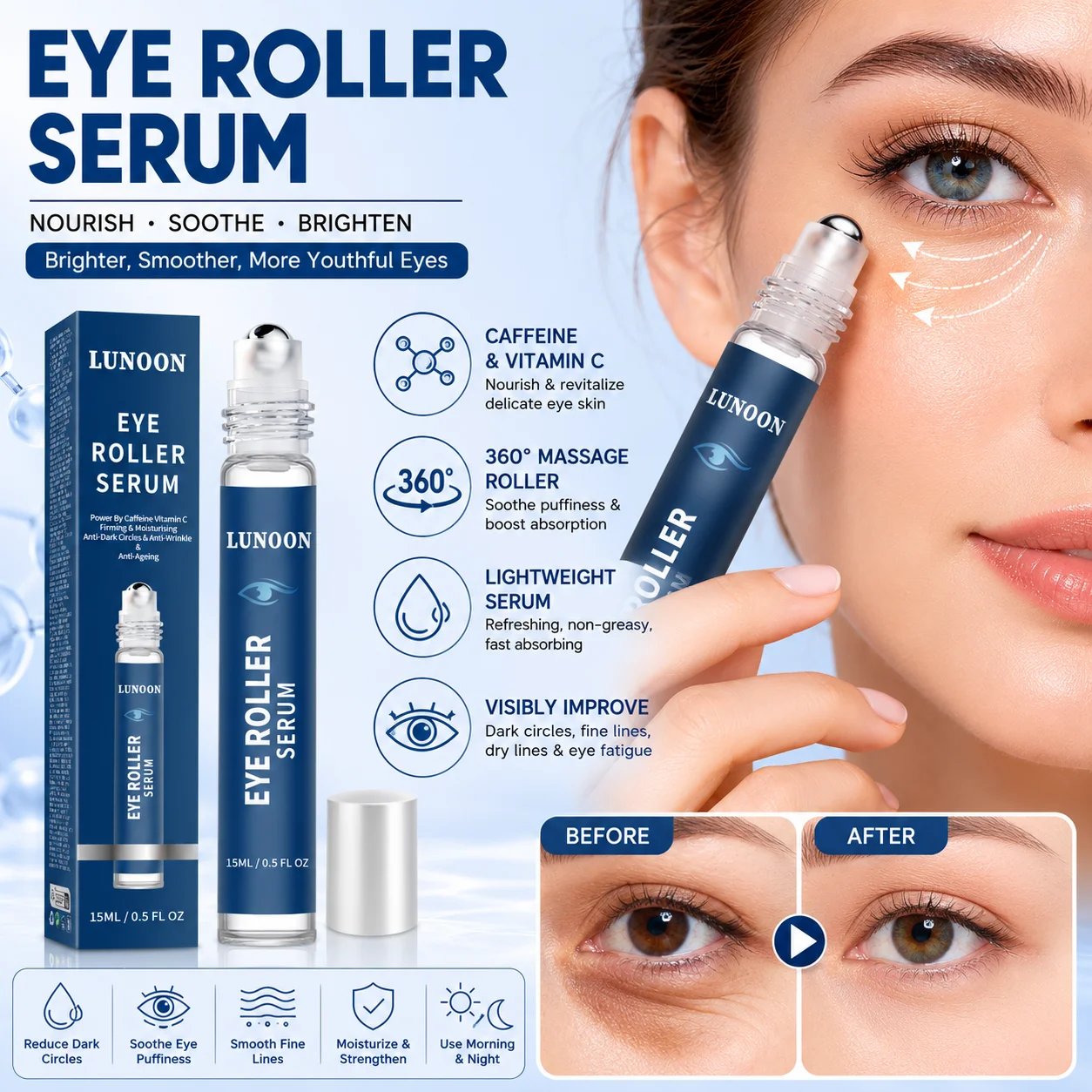 Caffeine Eye Serum - 15ml LUNOON Koffein-Augenroller-Serum Vitamin C Feuchtigkeitsspendend