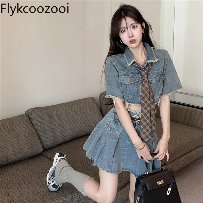 2024 Summer Raw Edge risvolto puro Slim-fit cappotto corto in Denim + gonna + cravatta Fashion Design Conjunto Femenino Roupa Elegante