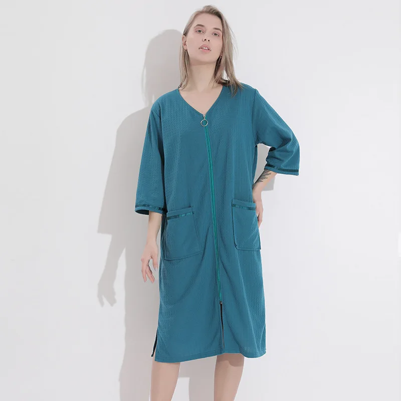 Zipper Pocket Nightwear Summer Bathrobe Pajamas for Couples Waffle Robe Women Nightgowns Men Night Dress Home Wear Clothes