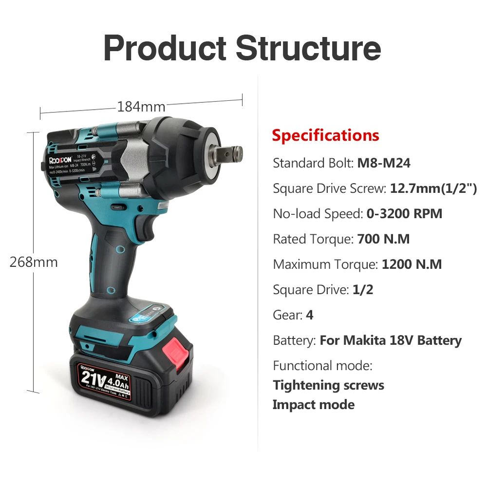 18v Brushless Electric Impact Wrench Max. Torque 1200N.m 1/2 inch Cordless Wrench Car Driver Power Tools For Makita Battery