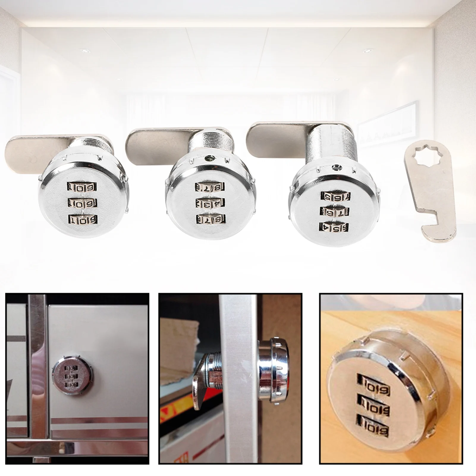 Cabinet Coded Lock 3 Digit Combination Cam Cabinet Silver Zinc Alloy Convenient Password Security Coded Lock