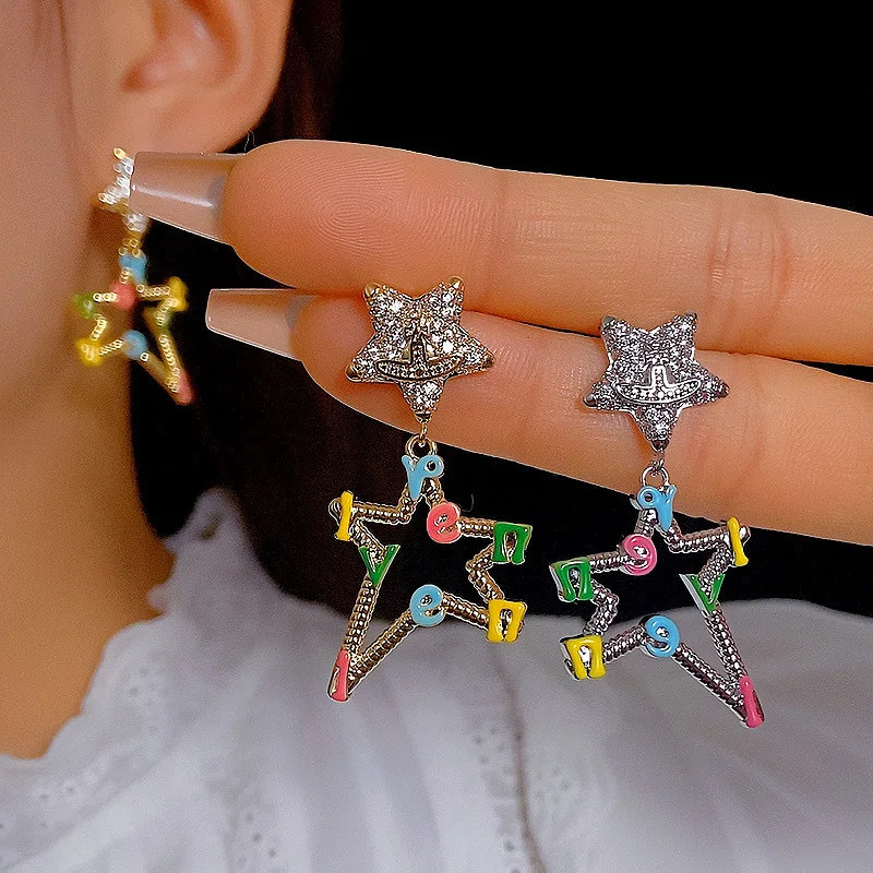 

Korean Style Fashionable Luxury Simple Exquisite Pentagram Micro Inlaid Zirconium Niche Original Design Earrings for Girls