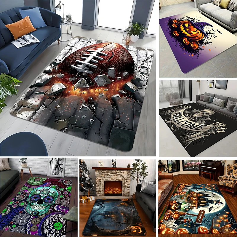 Spooky Holiday Floor Rug Halloween Pumpkin Skull Haunted Mansion Pattern Stylish Decor Area Rug for Living Space Home Ornament