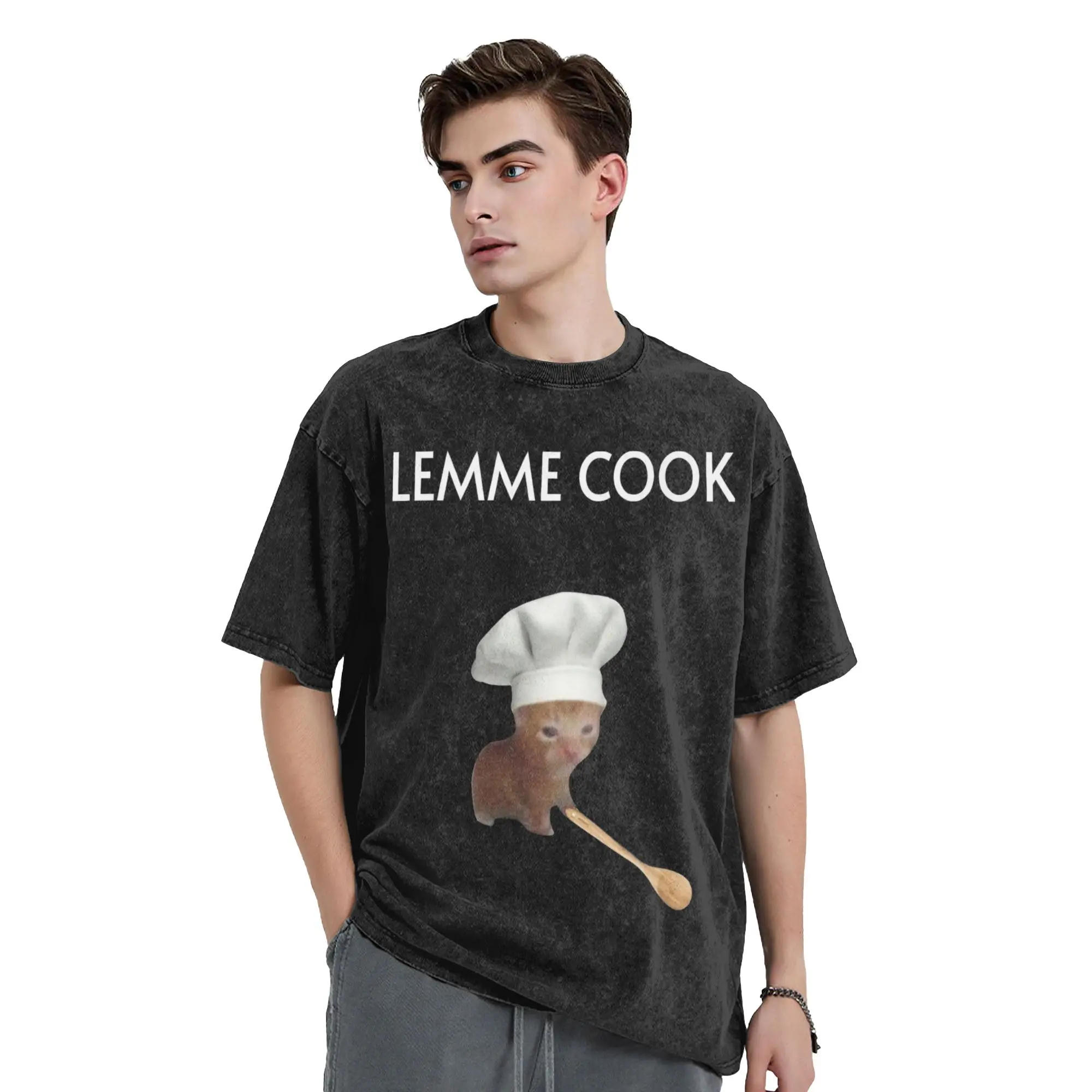 Chef Kitten Meme Lemme Cook Washed T Shirts Streetwear Hip Hop Vintage T-Shirt Tee Shirt for Men Women Harajuku Graphic