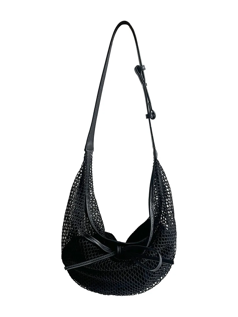 

Hollow Fishing Net Shoulder Crossbody Bag Half Moon Hobos Tote Bags for Women Fashion Designer Mesh String Bag Croissant Shopper