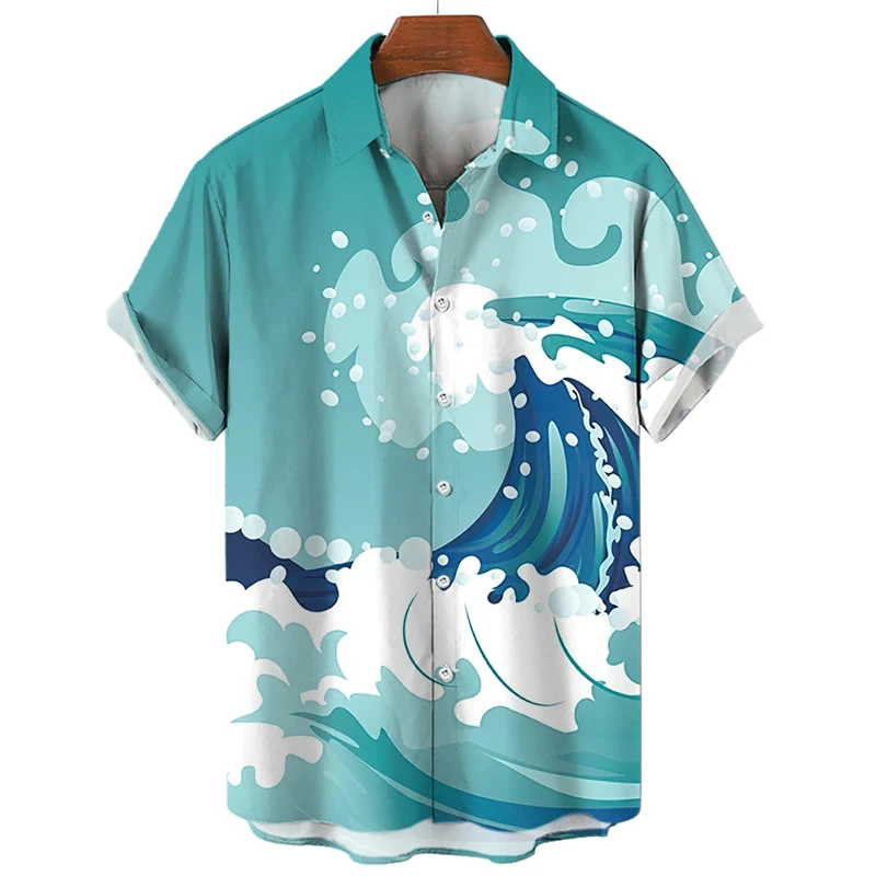 Casual Surfing 3D Printed Shirts For Men Clothing Fashion Hawaiian Ocean Wave Graphic Lapel Blouse Summer Mens Vacation Blouses