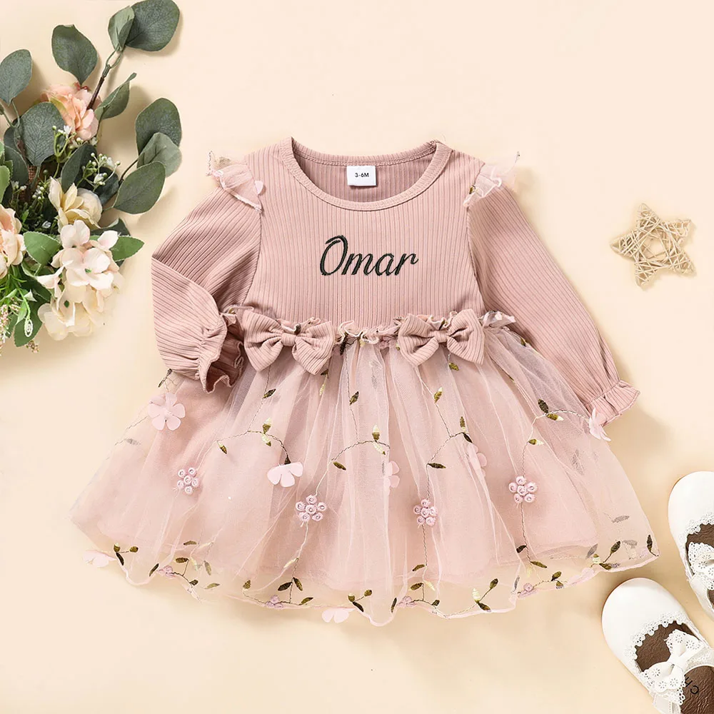 Embroidery Any Name Mesh Long Sleeved Dress, Personalized Customi New European And American Children Skirts For Spring And Autum