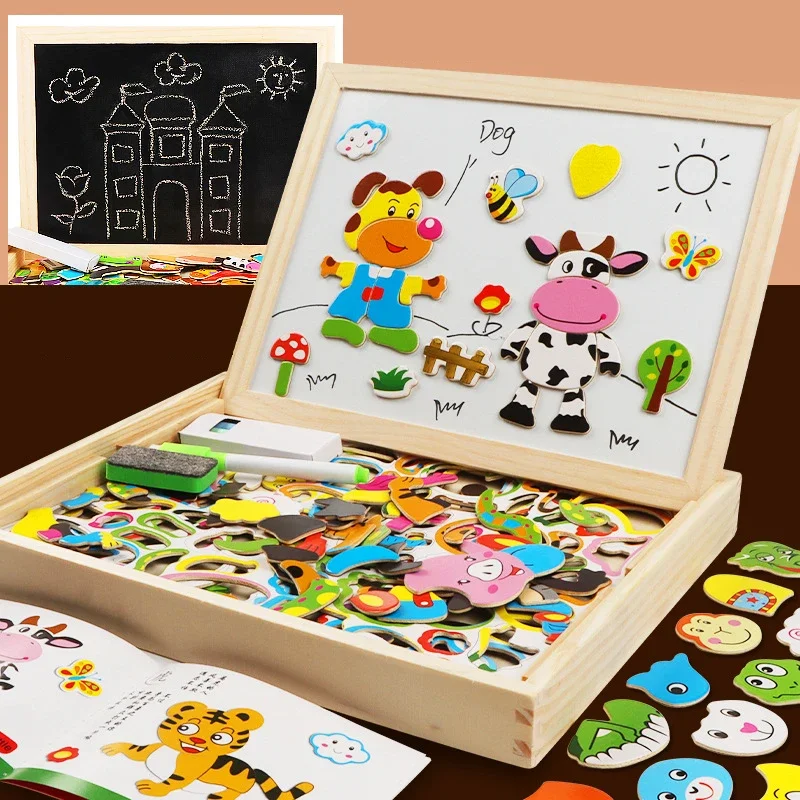 110-135PcsWooden Multifunction Children Animal Puzzle Writing Magnetic Drawing Board Blackboard Learning Education Toys For Kids