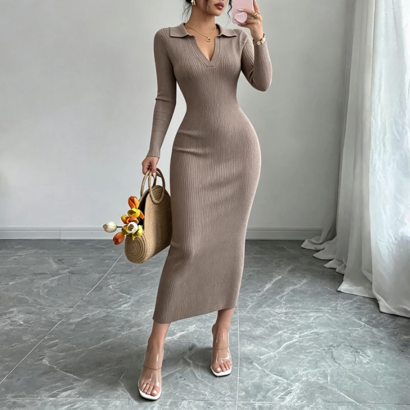 Damen Maxi-Strickkleid mit Polokragen, elastischem Rippband, langen Ärmeln, figurbetont, elegantes Pulloverkleid, Damen-Party- und Freizeitoutfit – Detail 4