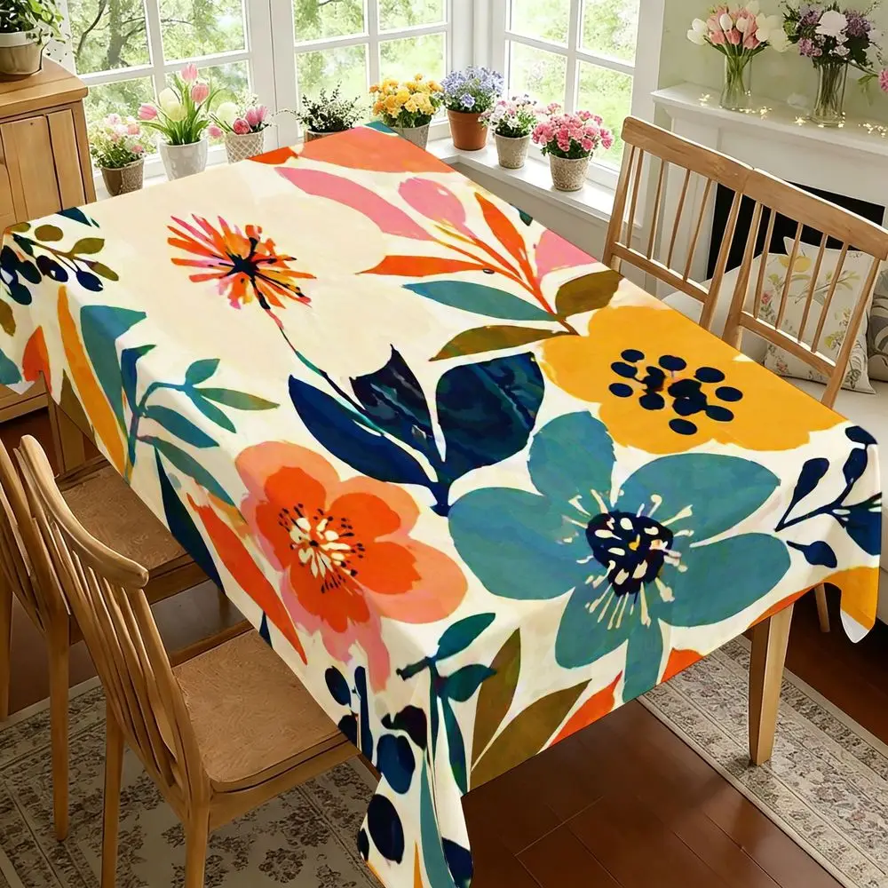 Vibrant Floral Rectangular Tablecloth - Bold Botanical Print with Orange, Pink, And Teal Flowers, Cream Background, Durable Fabric for Dining Room, Kitchen, Farmhouse Decor, Perfect for Spring Summer Parties, Weddings, Holidays, Indoor And