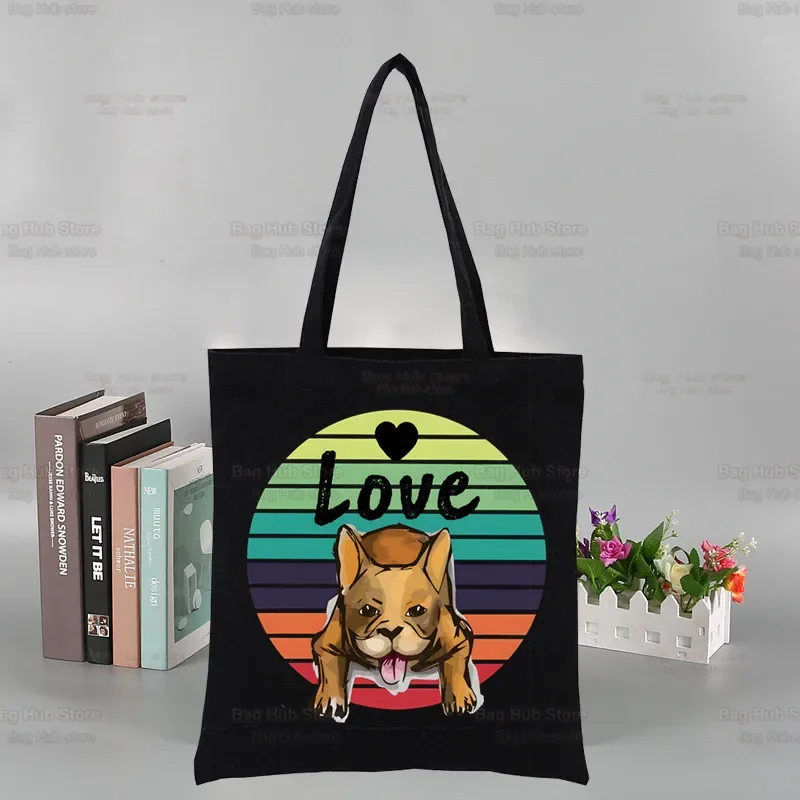 French Bulldog Graphic Harajuku Fashion Shopping Kawaii Dog Lover Black Bags Canvas Tote Bag Cloth Bag Handbag Shoulder Bags