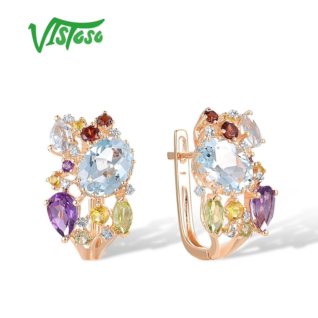 VISTOSO Real 14K 585 Rose Gold Earrings For Lady Glamorous Sparkling Diamond Muti-Color Gems Gorgeous Wedding Party Fine Jewelry