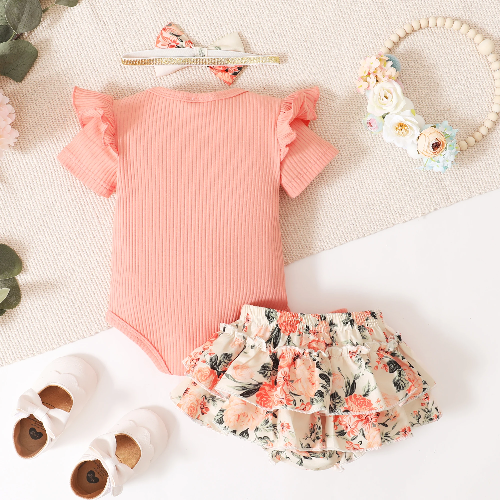 0-18Months Newborn Baby Girl Clothes Ruffle Short Sleeved Romper + Short Pants + headband 3Pcs Toddler Infant Girl Summer Set