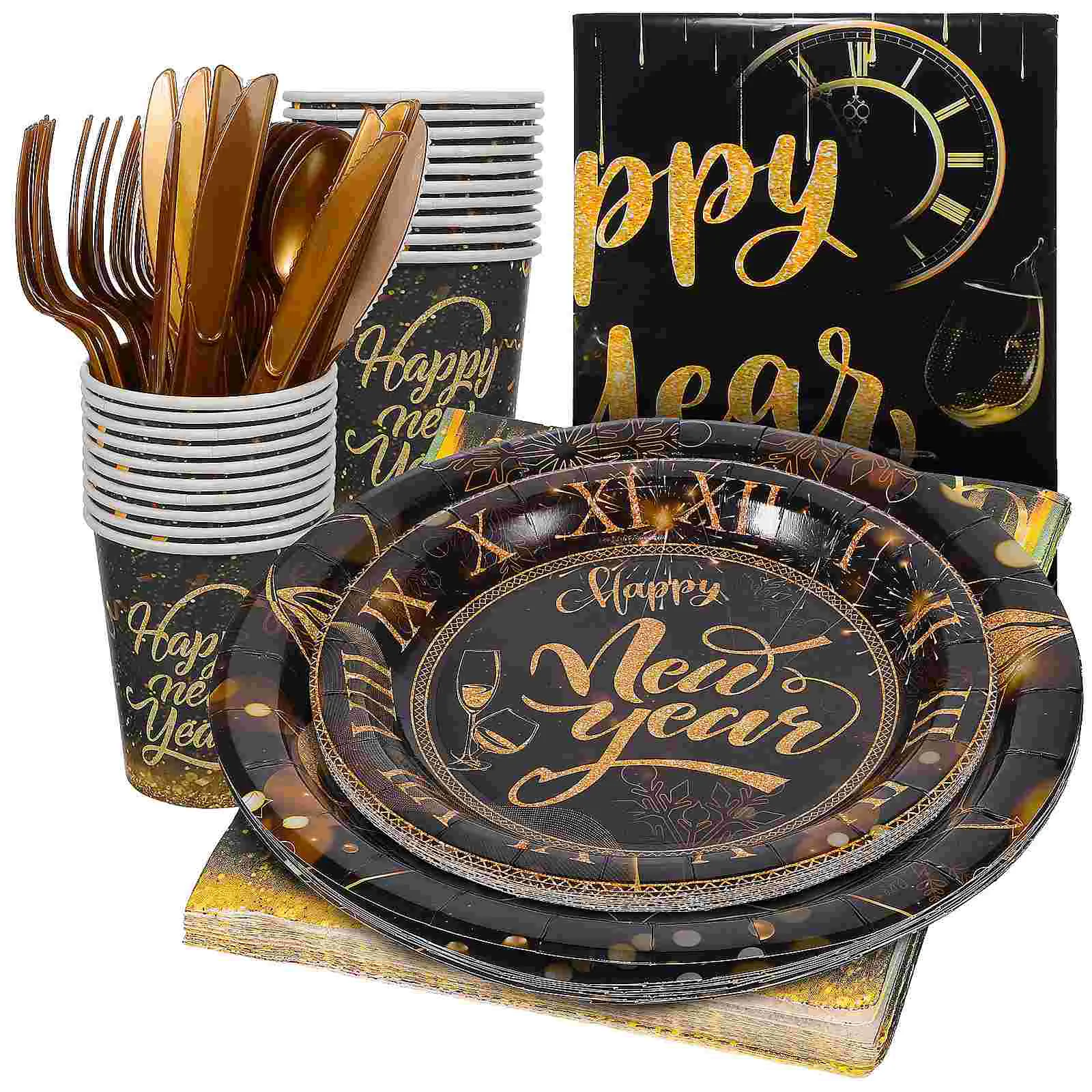 

Black Gold Paper Cups and Napkins Party Decors Supplies New Year Decorations Years Plates Decorative Tableware