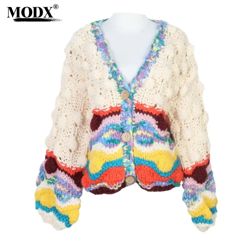 [MODX] Handmade Woven Rod Needle Three-dimensional Particle Ball Contrasting Sweater Jacket Women, Loose Lazy Style Autumn