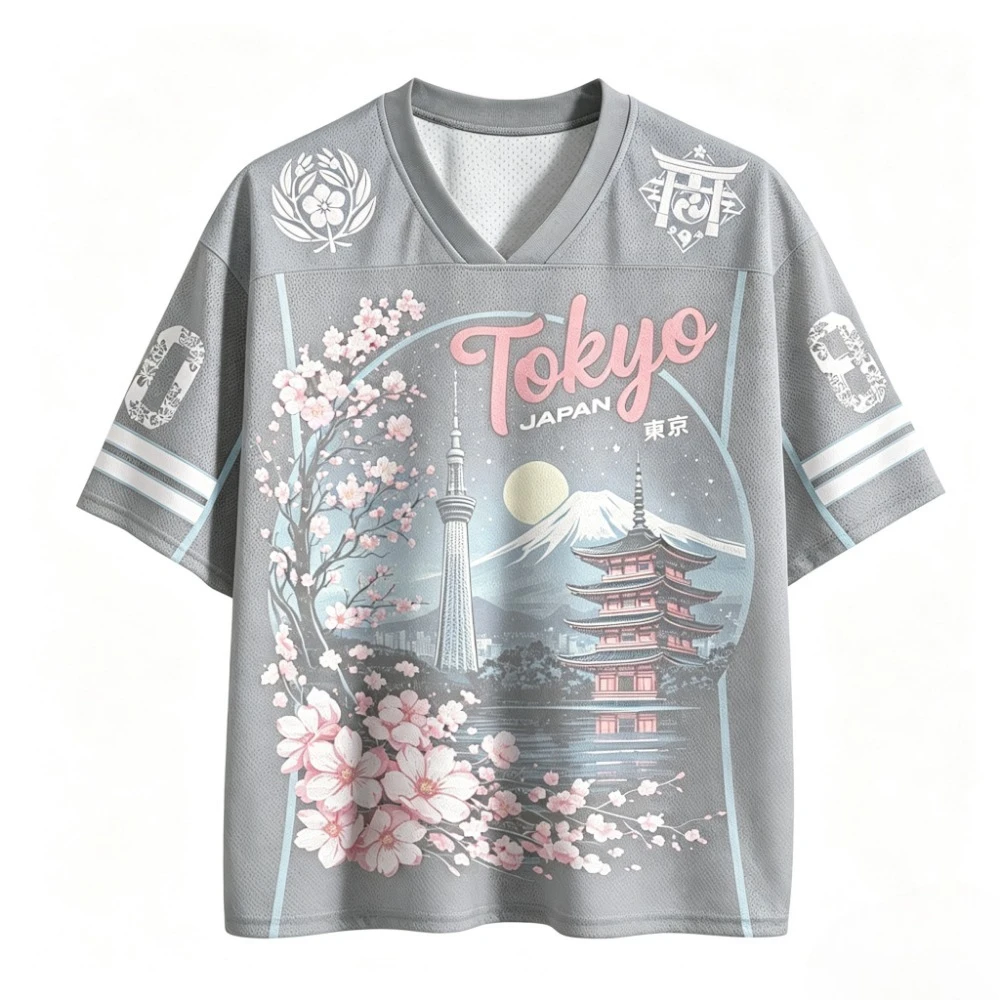 Tokyo Cherry Blossom Mount Fuji 3D-Druck, atmungsaktiv, schnell trocknend, für Männer und Frauen, V-Ausschnitt, T-Shirt, Outdoor, Freizeit, Mode, Eltern-Kind-Kleidung – Detail 6